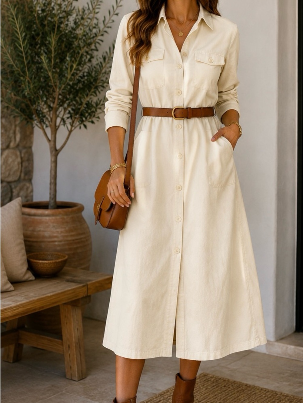 INSPR-D BY TEZZA Cream Button-Front Shirt Dress with Pockets